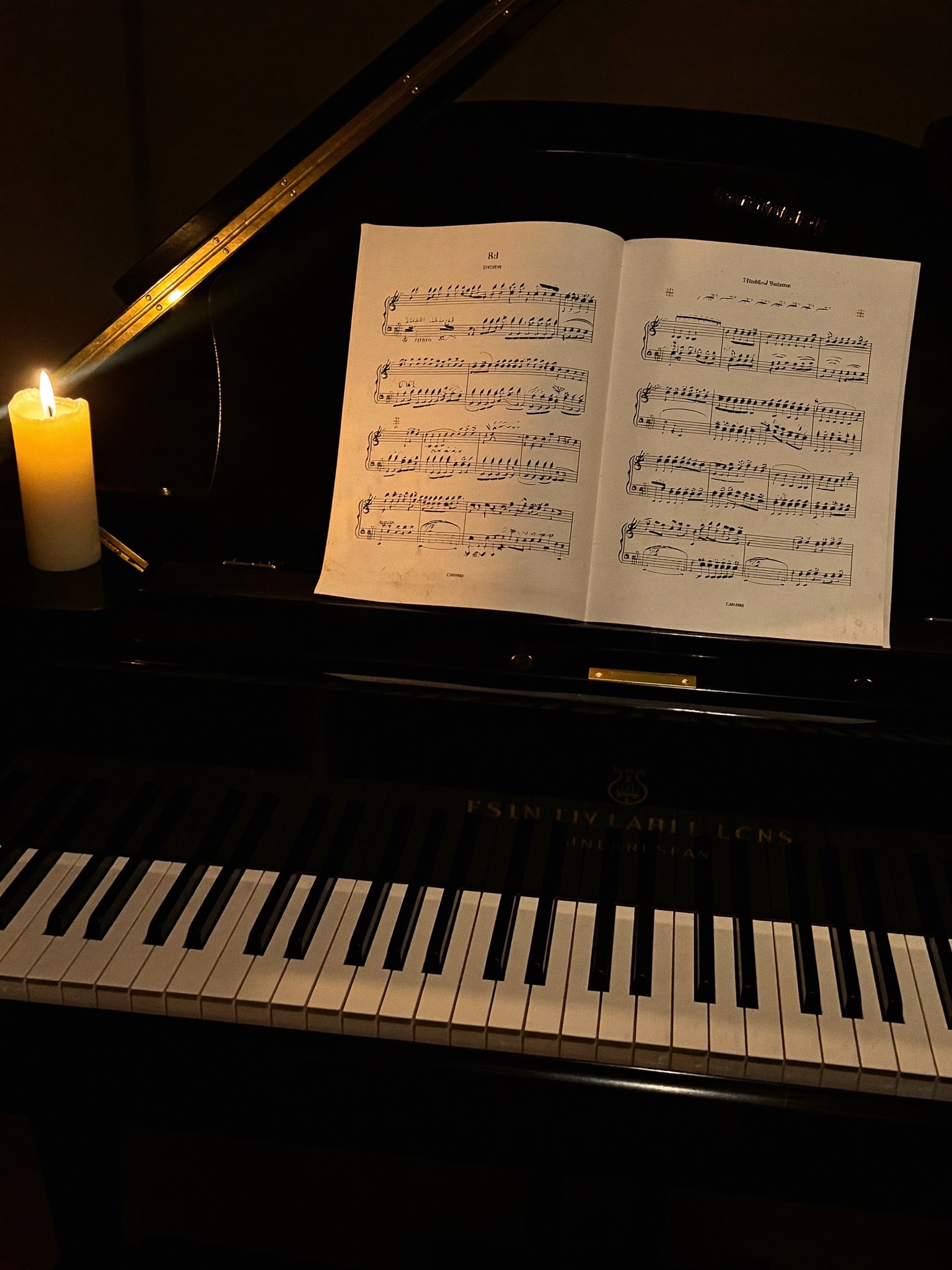 Piano à queue et partitions à la lumière dorée
